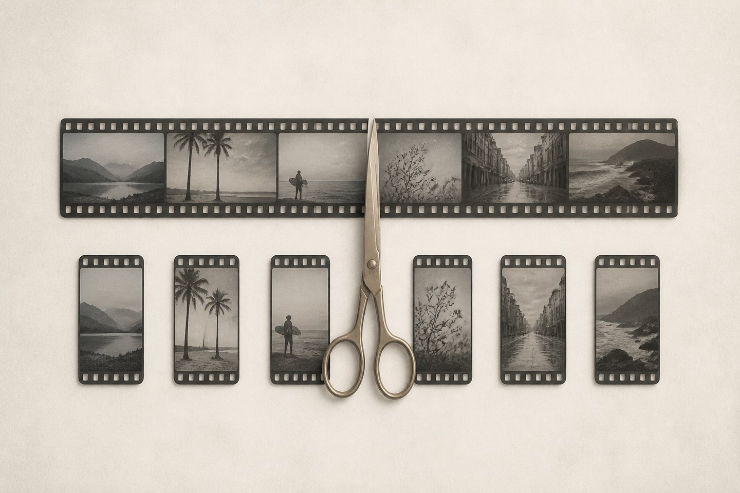 Illustration: Eine lange Filmrolle wird in kurze, senkrechte Social-Clips zerschnitten